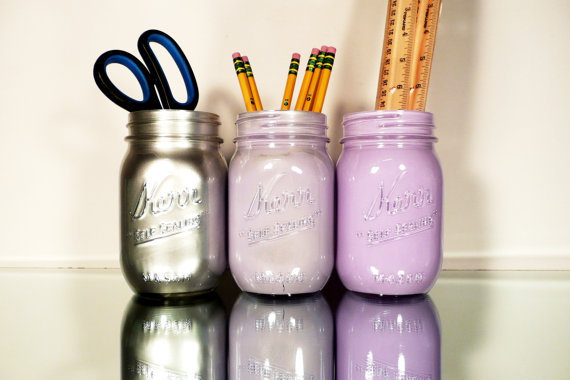 Photo via http://wanelo.com/p/1894857/back-to-school-home-dorm-or-office-decor-wedding-mason-jars-purple-and-silver-pencil-holder-mason-jar-vase